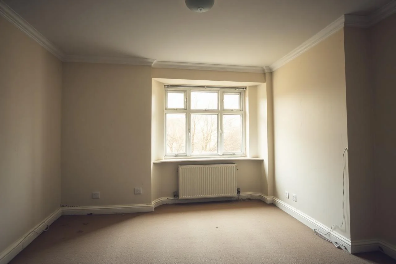 Dated empty living room with worn carpet before redecoration