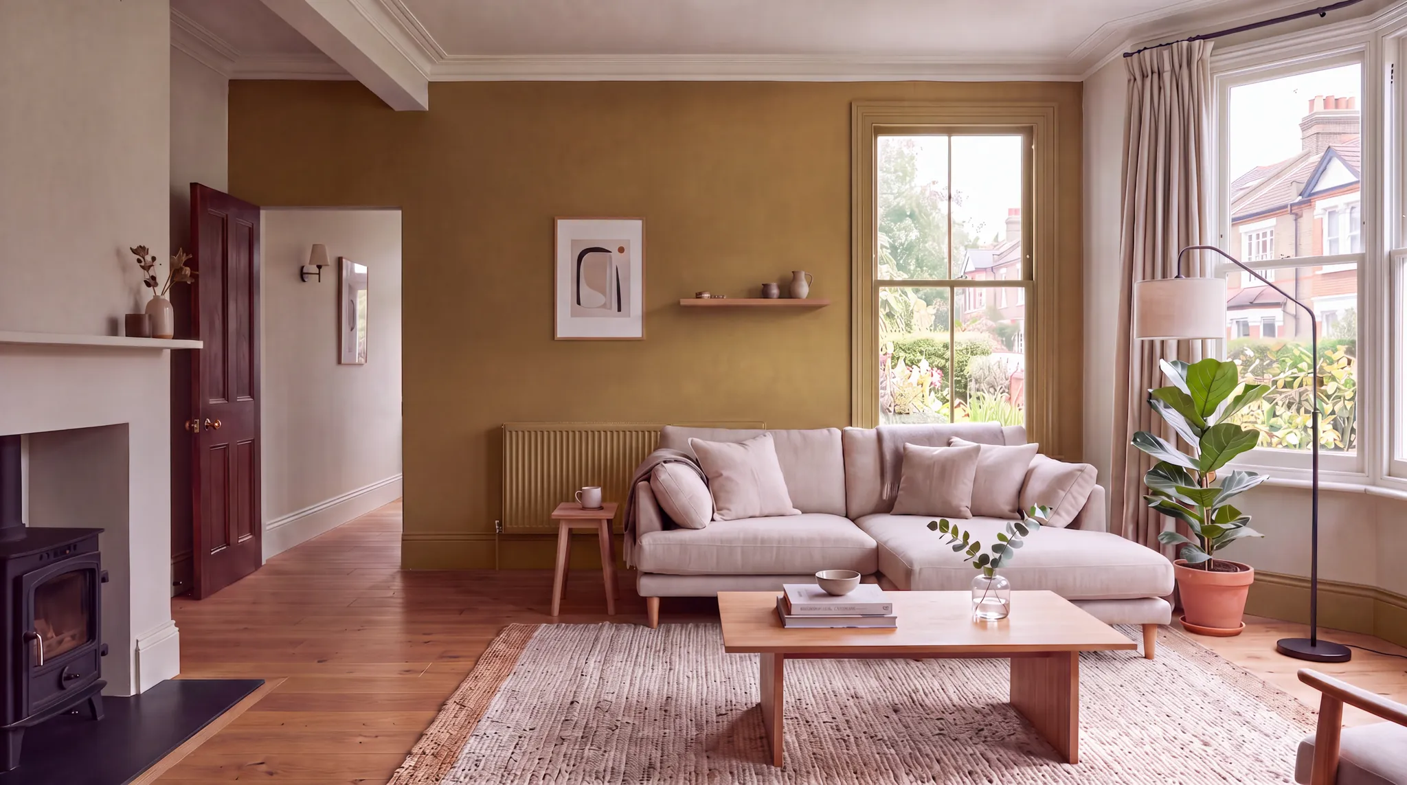 The same living room with the feature wall painted Old Gold